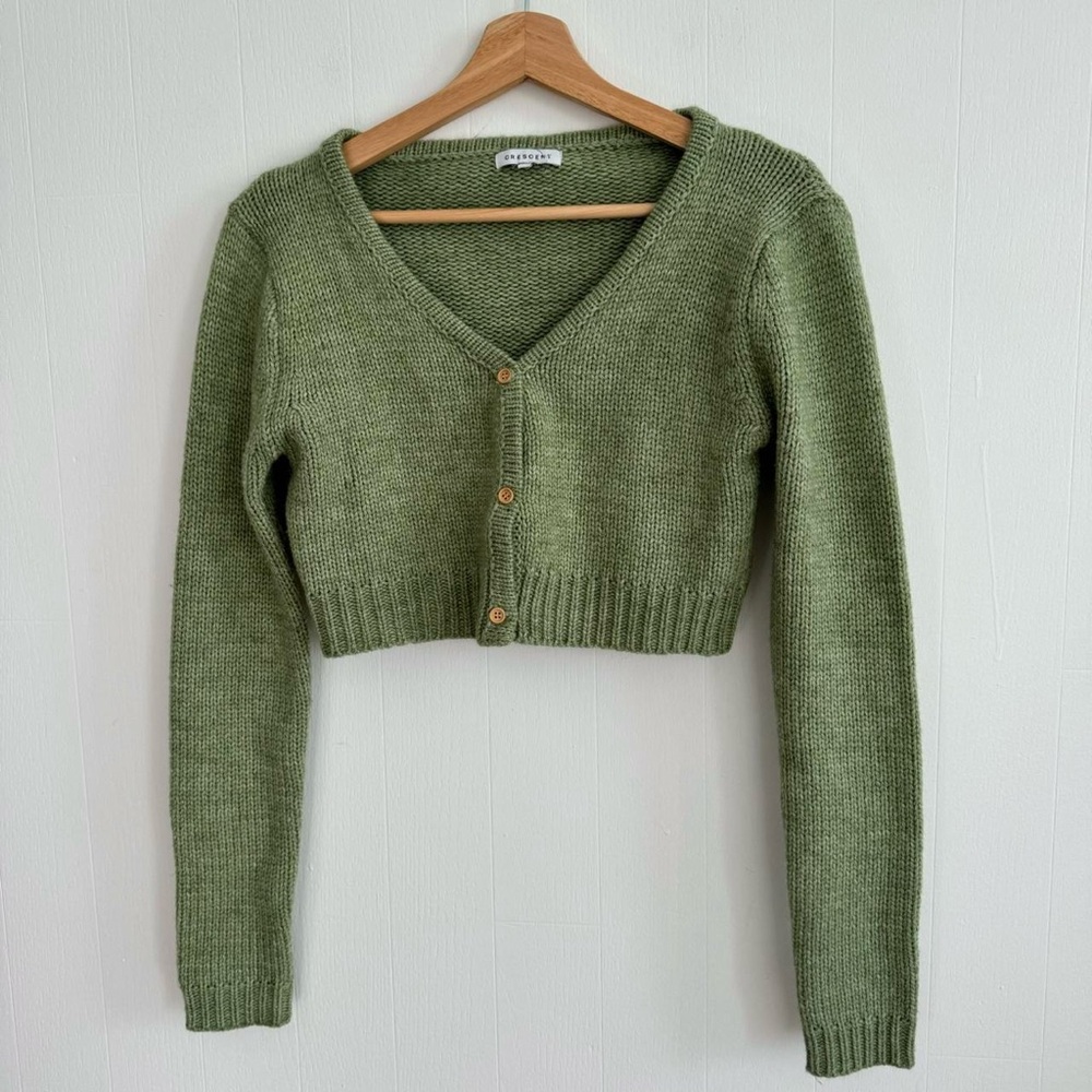 Crescent green cropped long sleeve wool blend cardigan sweater